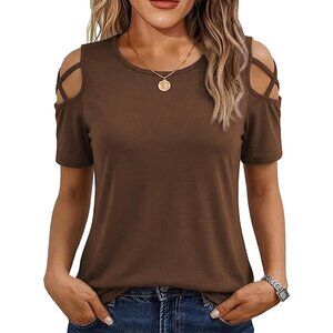👑 Women's Brown Cold Shoulder Short Sleeve Crew Neck Loose Fit Summer T-Shirt
